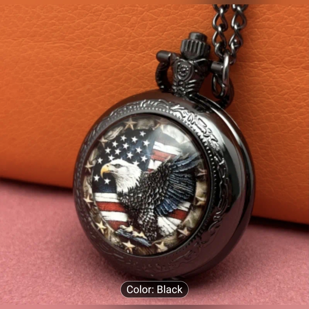 New Black Pocket Watch with Eagle and Flag Design, T1MISB4G